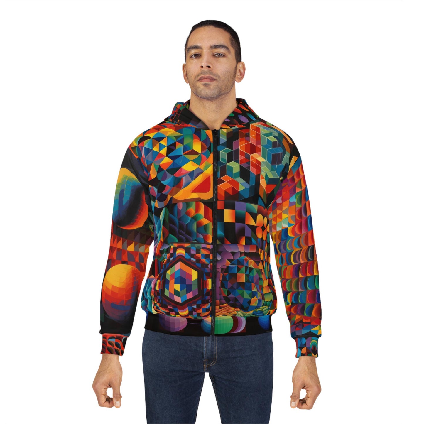 Psychedelic Geometric Kaleidoscope Zip-Up Hoodie - Cosmic Patterned Artwear for Visionary Seekers