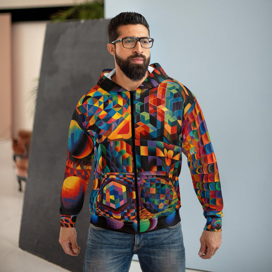 Psychedelic Geometric Kaleidoscope Zip-Up Hoodie - Cosmic Patterned Artwear for Visionary Seekers